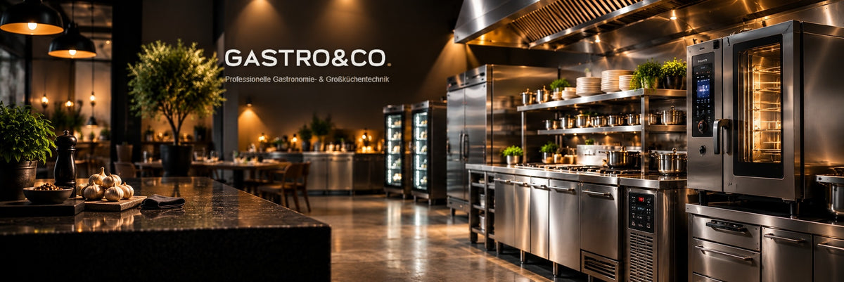 GASTRO&CO. professionelle Großküche mit originalgetreuem Wandlogo, ohne Personen