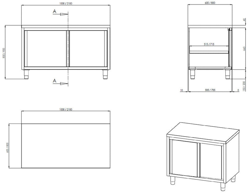 GASTRO&amp;CO. Profiline work cabinet 700 with sliding doors B1200 