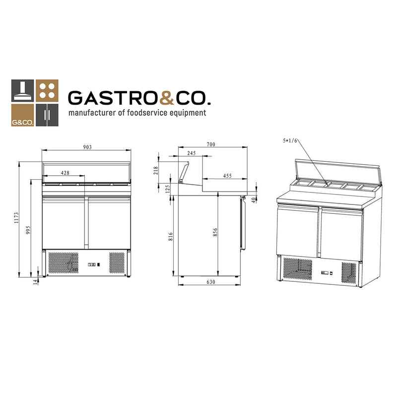 GASTRO&amp;CO. Saladette/preparation table 2 doors with stainless steel top, 5 x GN1/6 