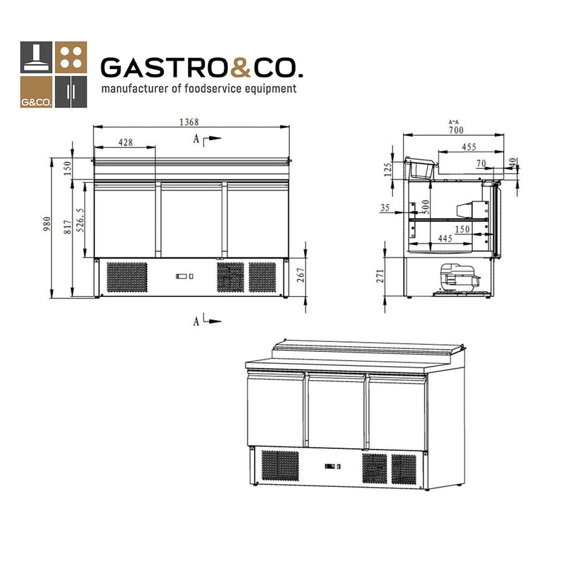 GASTRO&amp;CO. Saladette/preparation table 3 doors with stainless steel top, 8 x GN1/6 