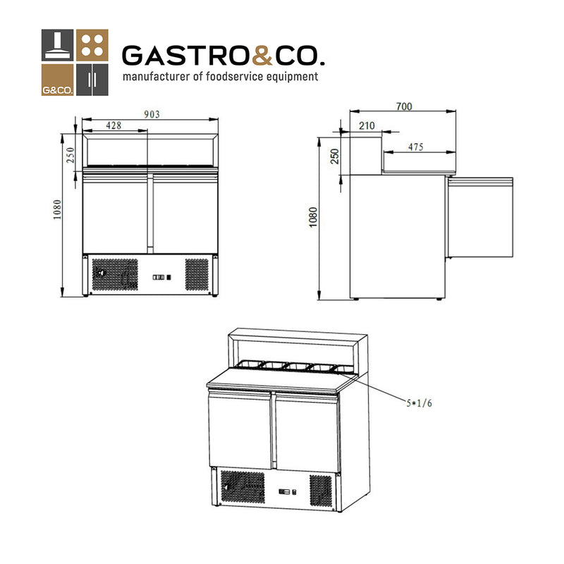 GASTRO&amp;CO. Pizza saladette 2 doors with stainless steel attachment, 5 x GN1/6 