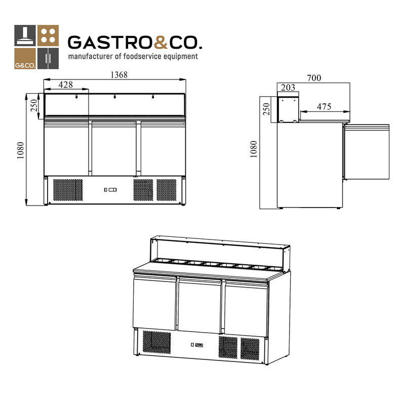 GASTRO&amp;CO. Pizza saladette 3 doors, square glass top, 8 x GN1/6 