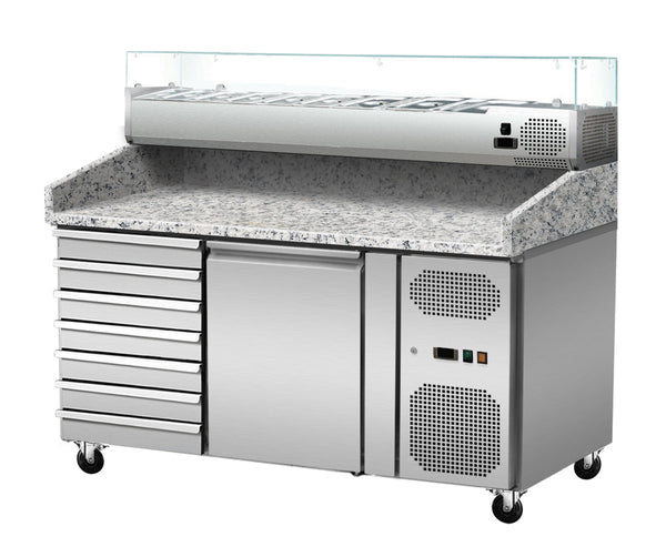 GASTRO&amp;CO. Pizza cooling table, granite pink-gray, 1 door, 7 unk. Drawers - cooling top GN1/4 with glass 