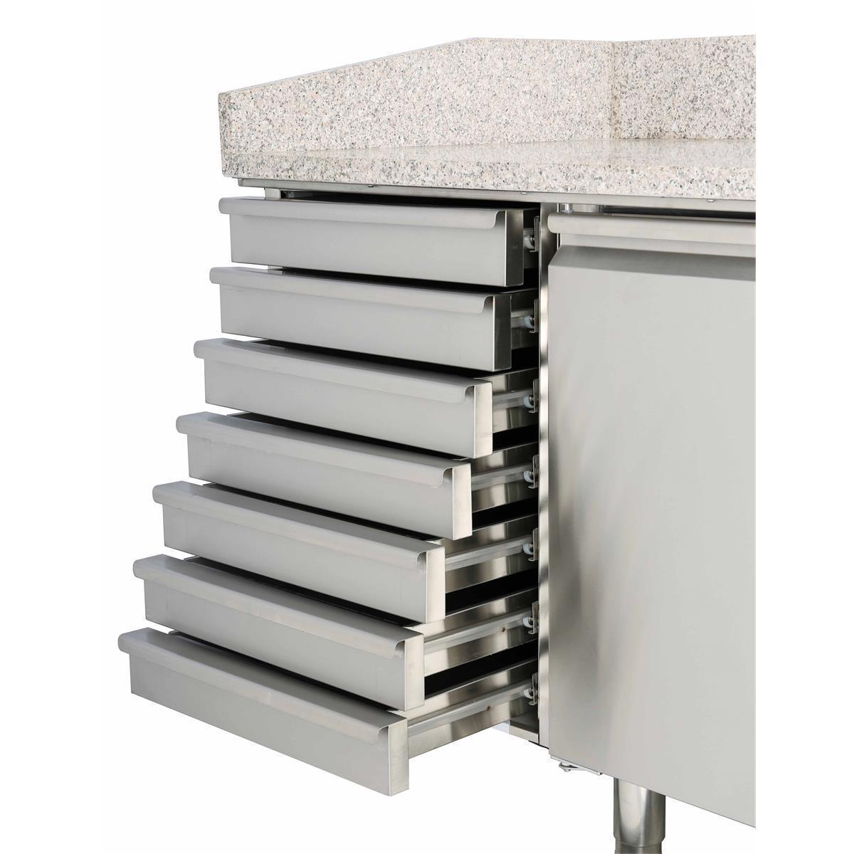 GASTRO&CO. Pizzakühltisch, Granit rosa-grau, 1 Tür, 7 ungek. Schubladen - Kühlaufsatz GN1/3 mit Glas