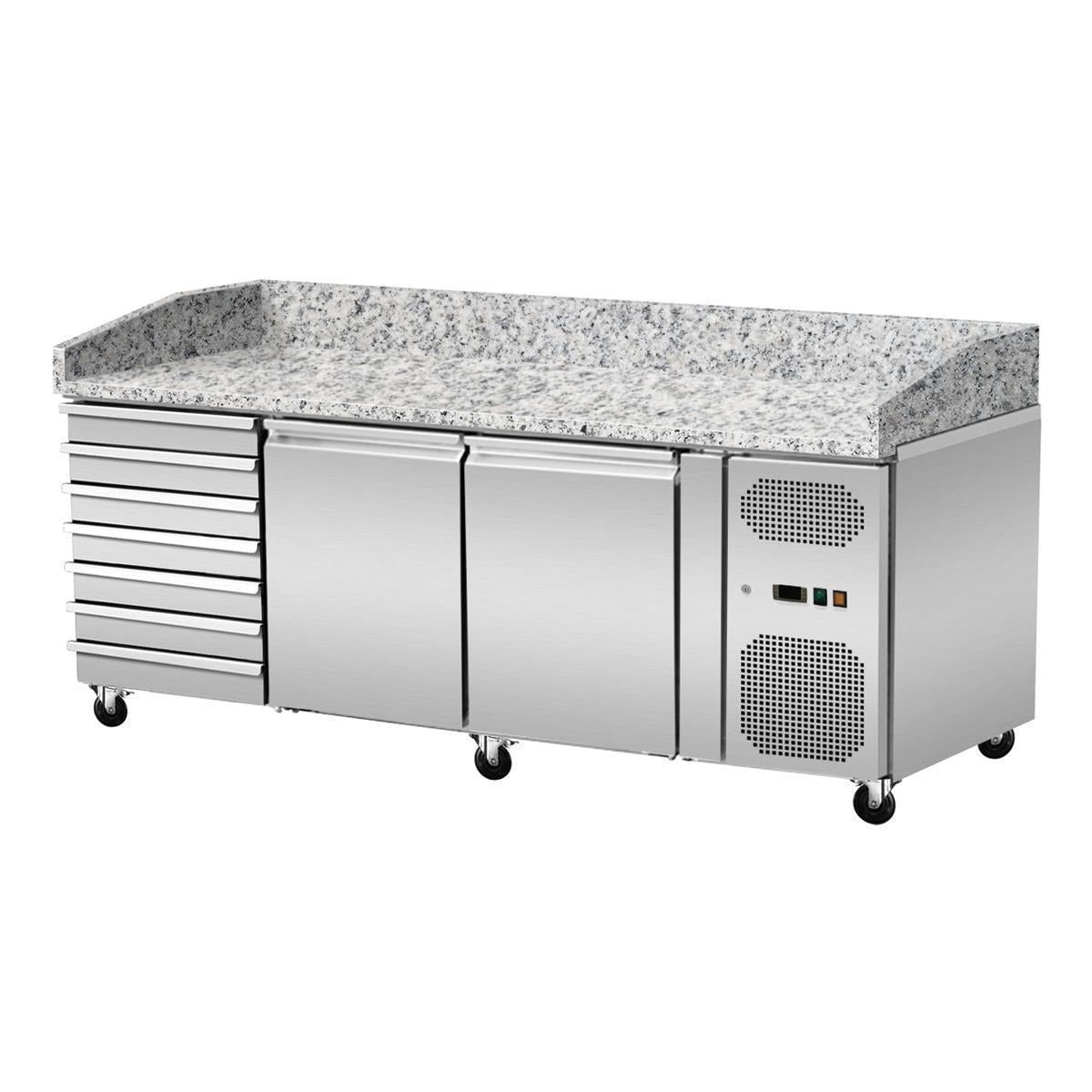 GASTRO&CO. Pizzakühltisch, Granit rosa-grau, 2 Türen 7 ungek. Schubladen, 203 x 80 - Ohne Kühlaufsatz