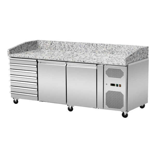 GASTRO&amp;CO. Pizza cooling table, granite pink-gray, 2 doors 7 unk. Drawers, 203 x 80 - Without cooling attachment 