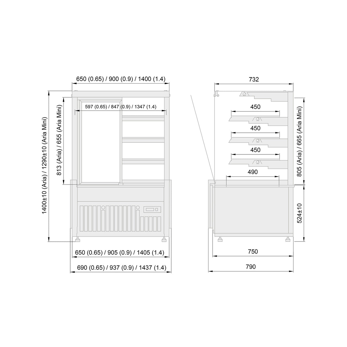 GASTRO&CO. Aria / Aria Mini Konditoreivitrine Plug-in R290 – 690 bis 1437 mm