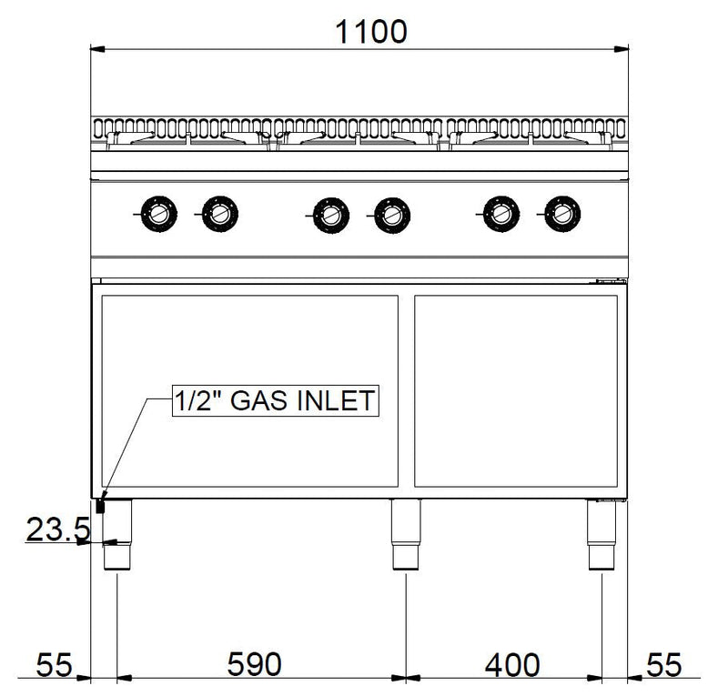 GASTRO&amp;CO. Profiline Plus 700 gas stove with 6 flames and open base 