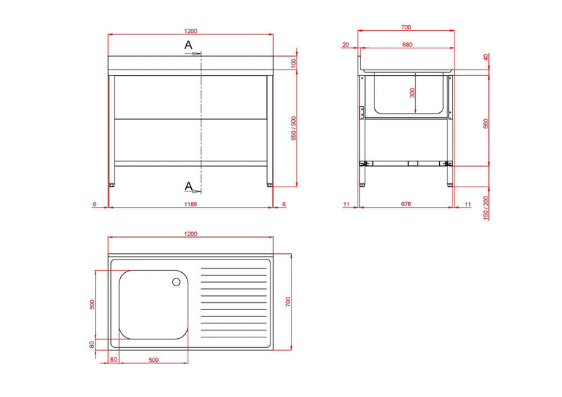 GASTRO&amp;CO. Profiline sink tables 700 with 1 basin on the left and draining board B1200