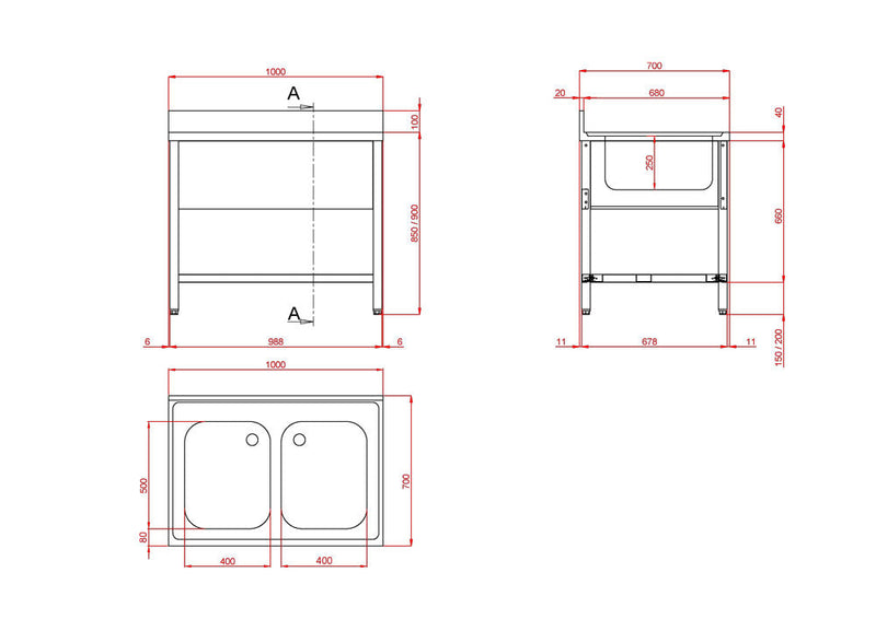 GASTRO&amp;CO. Profiline sink tables 700 with 2 basins B1000