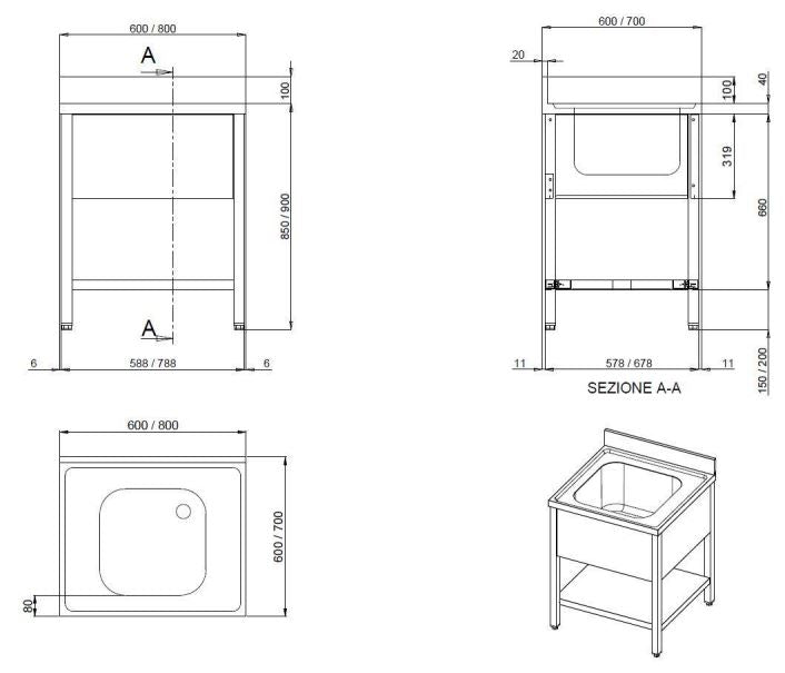 GASTRO&amp;CO. Profiline sink tables 700 with 1 bowl B600