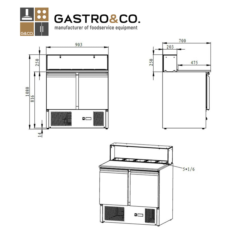 GASTRO&amp;CO. Pizza saladette 2 doors, square glass top, 5 x GN1/6 