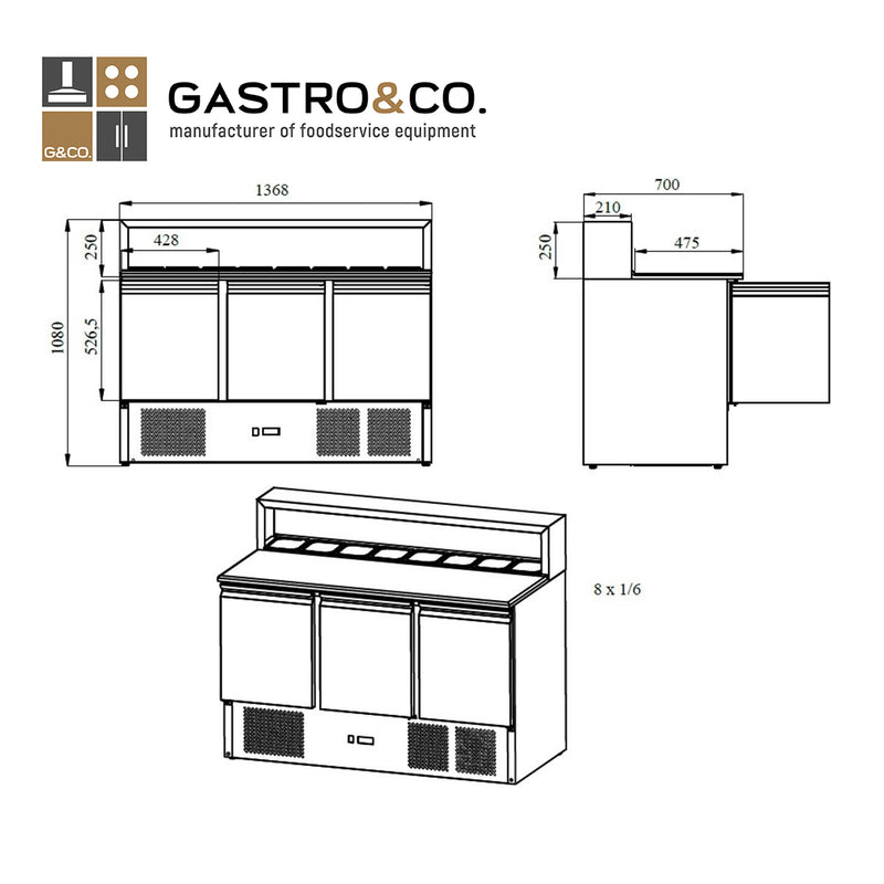 GASTRO&CO. Pizzasaladette 3 Türen, Aufsatz Edelstahl, 8 x GN1/6