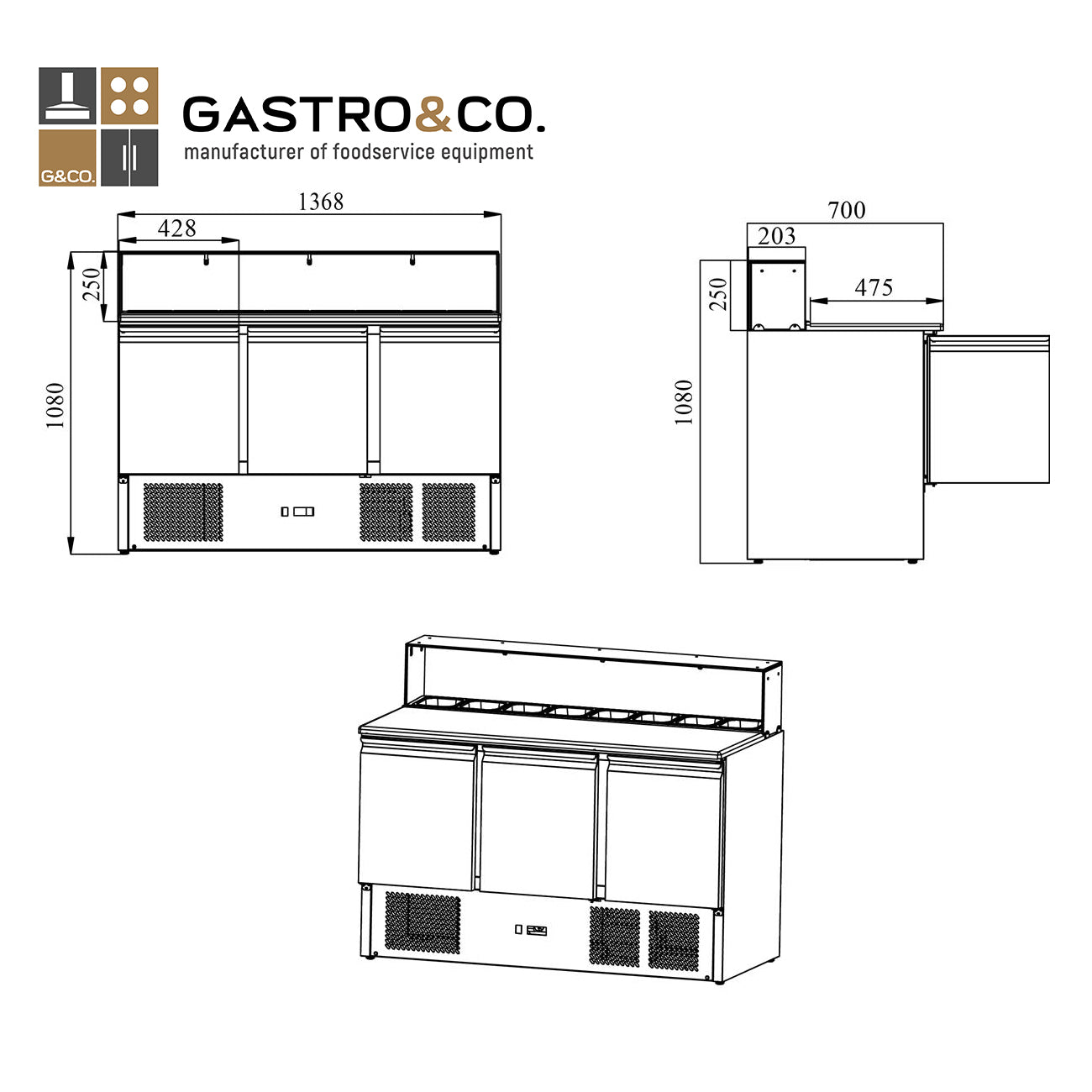 GASTRO&CO. Pizzasaladette 3 Türen, eckiger Glasaufsatz, 8 x GN1/6