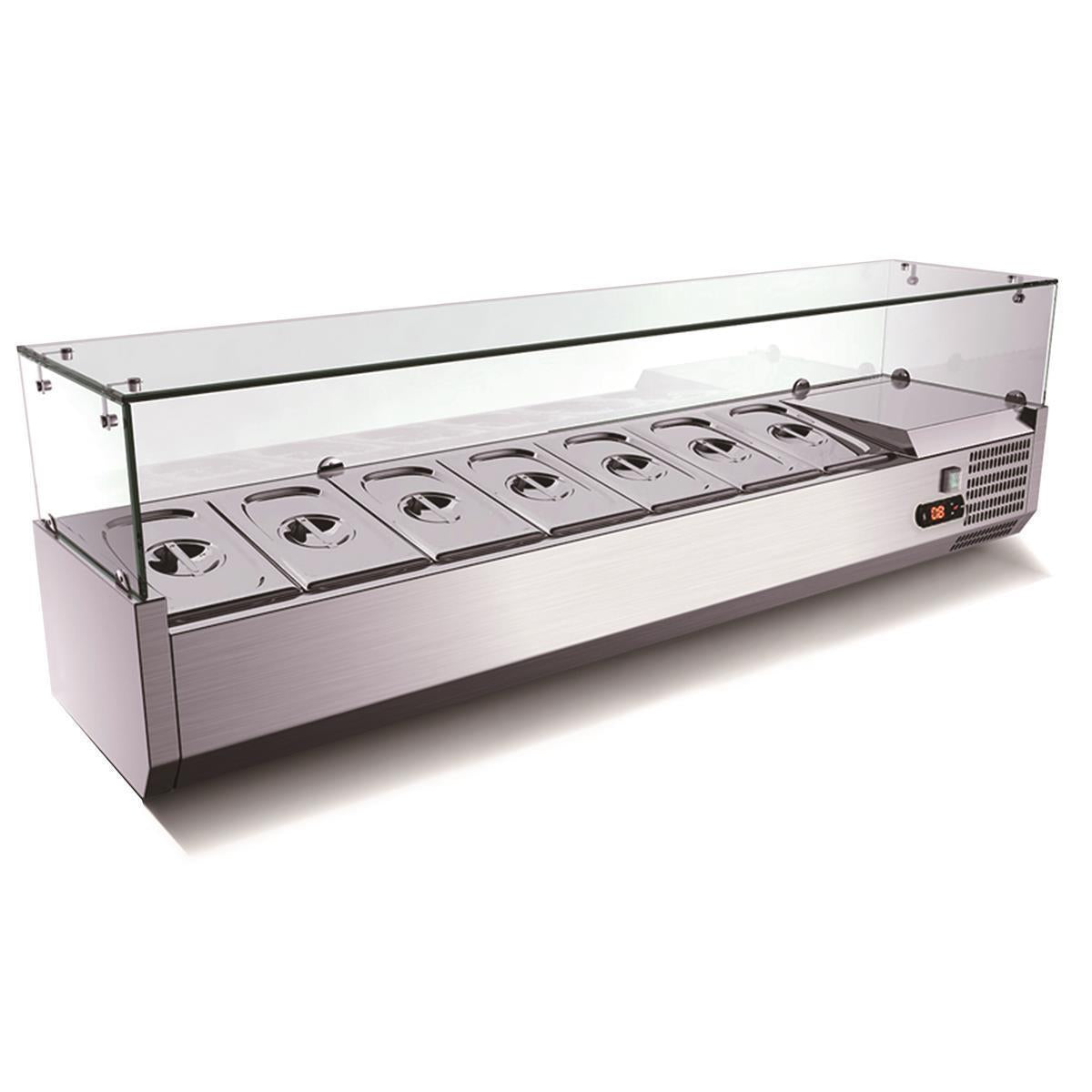 GASTRO&CO. Pizzakühltisch, Granit rosa-grau, 1 Tür, 7 ungek. Schubladen - Kühlaufsatz GN1/3 mit Glas