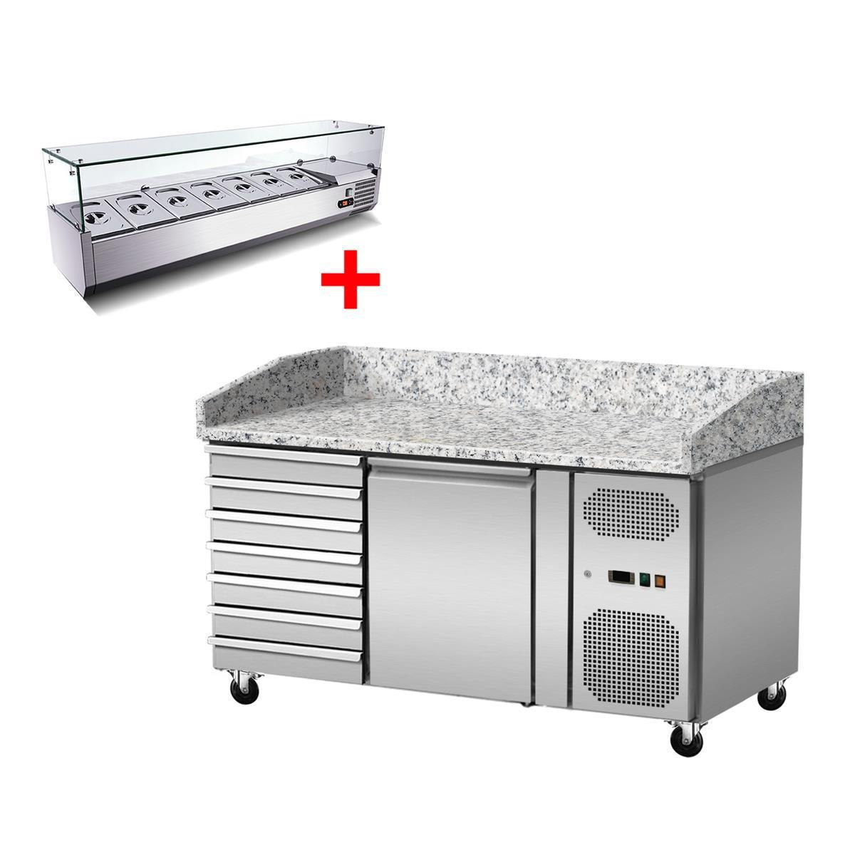 GASTRO&CO. Pizzakühltisch, Granit rosa-grau, 1 Tür, 7 ungek. Schubladen - Kühlaufsatz GN1/3 mit Glas