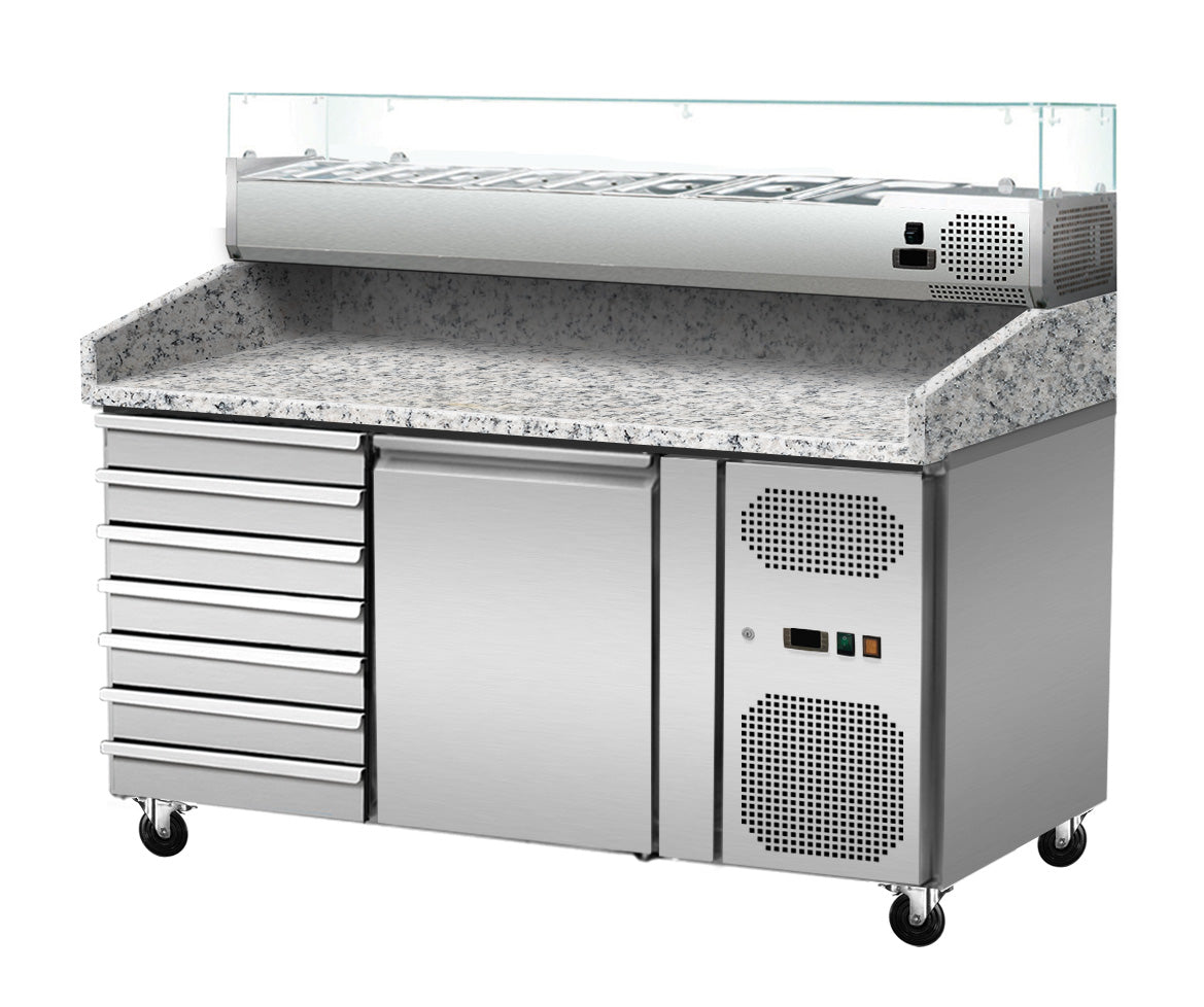 GASTRO&CO. Pizzakühltisch, Granit rosa-grau, 1 Tür, 7 ungek. Schubladen - Kühlaufsatz GN1/3 mit Glas