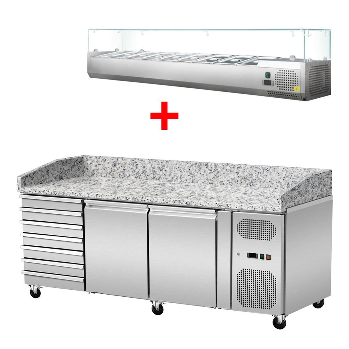 GASTRO&CO. Pizzakühltisch, Granit rosa-grau, 2 Türen 7 ungek. Schubladen, 203 x 80 Kühlaufsatz GN1/4 mit Glas