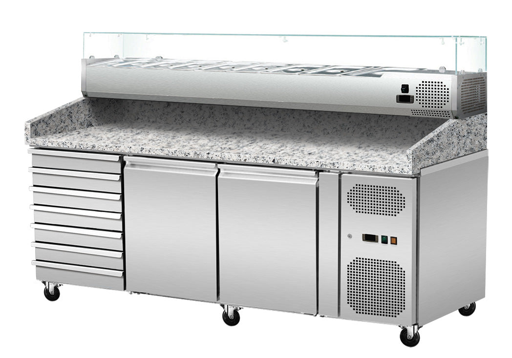GASTRO&CO. Pizzakühltisch, Granit rosa-grau, 2 Türen 7 ungek. Schubladen, 203 x 80 Kühlaufsatz GN1/4 mit Glas