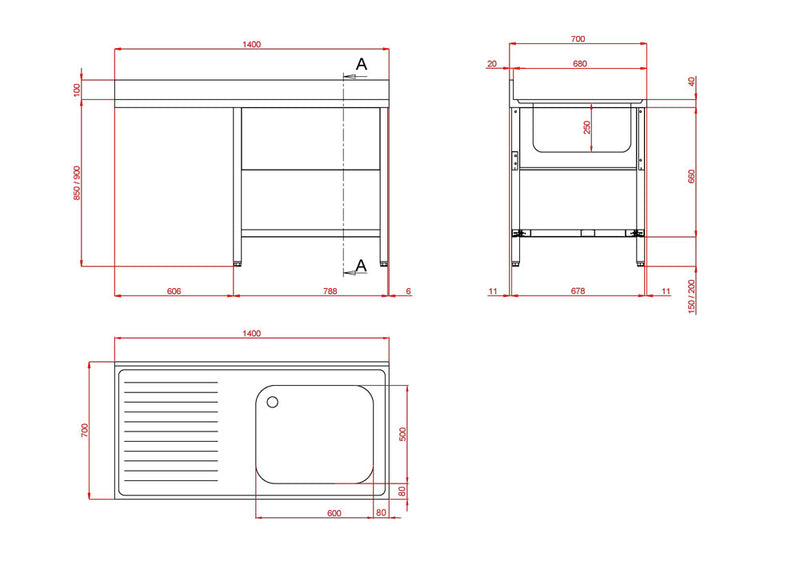 GASTRO&amp;CO. Profiline dishwashing center 700 with 1 basin on the right &amp; plate overhang B1400 